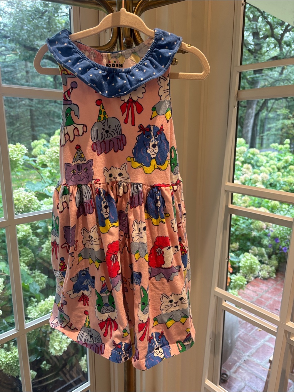 Mini Boden Pink Sleeveless Dress with Blue Ruffled Collar